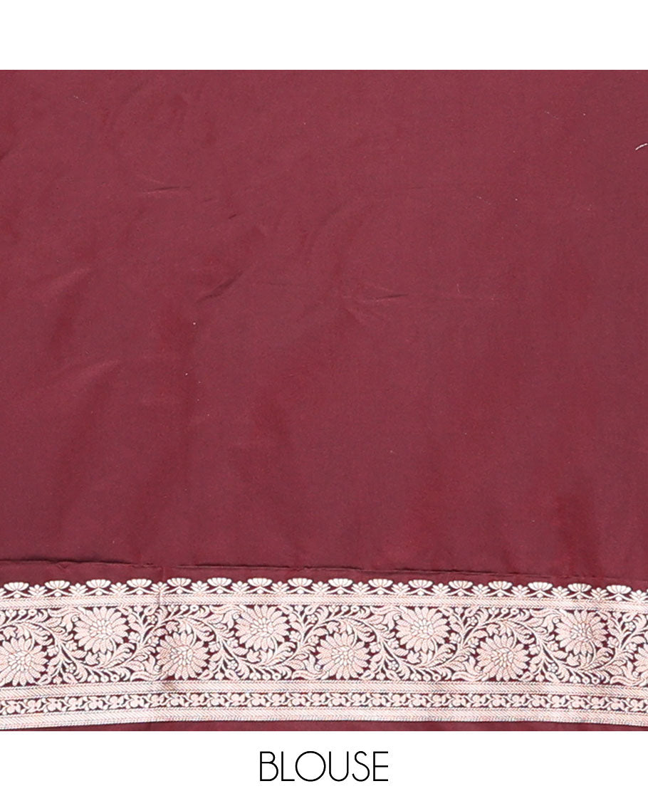 Maroon striped floral design banaras silk saree with self zari design & floral design pallu
