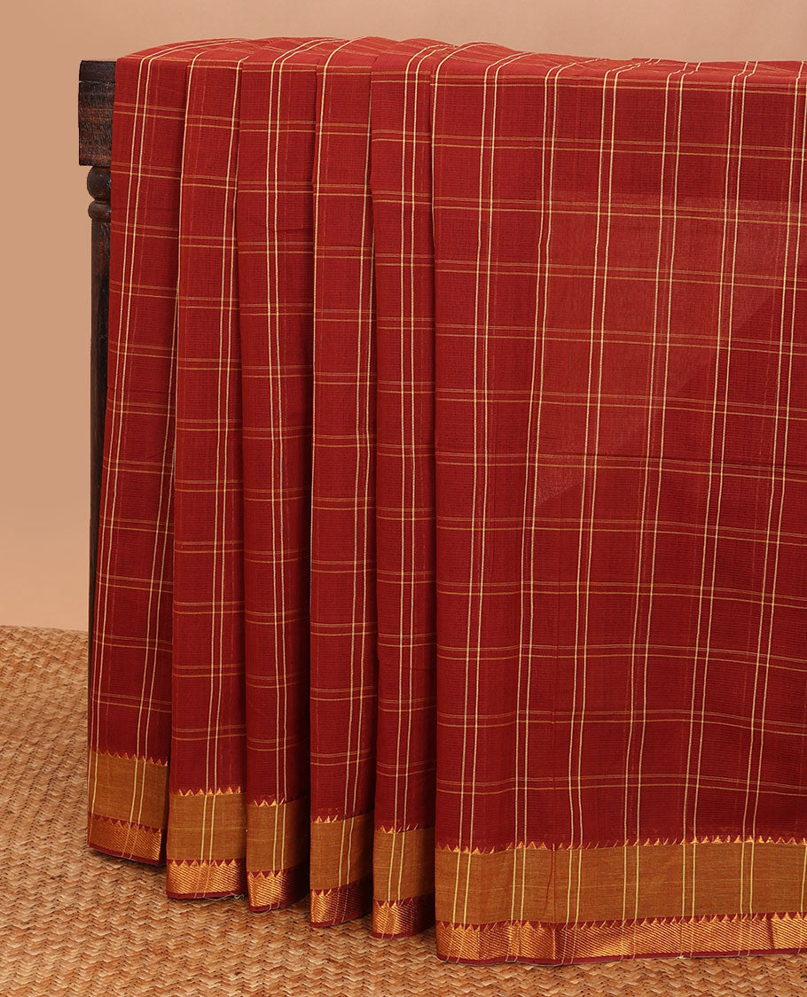 Red checked mangalagiri cotton saree with contrast striped border & checked pallu