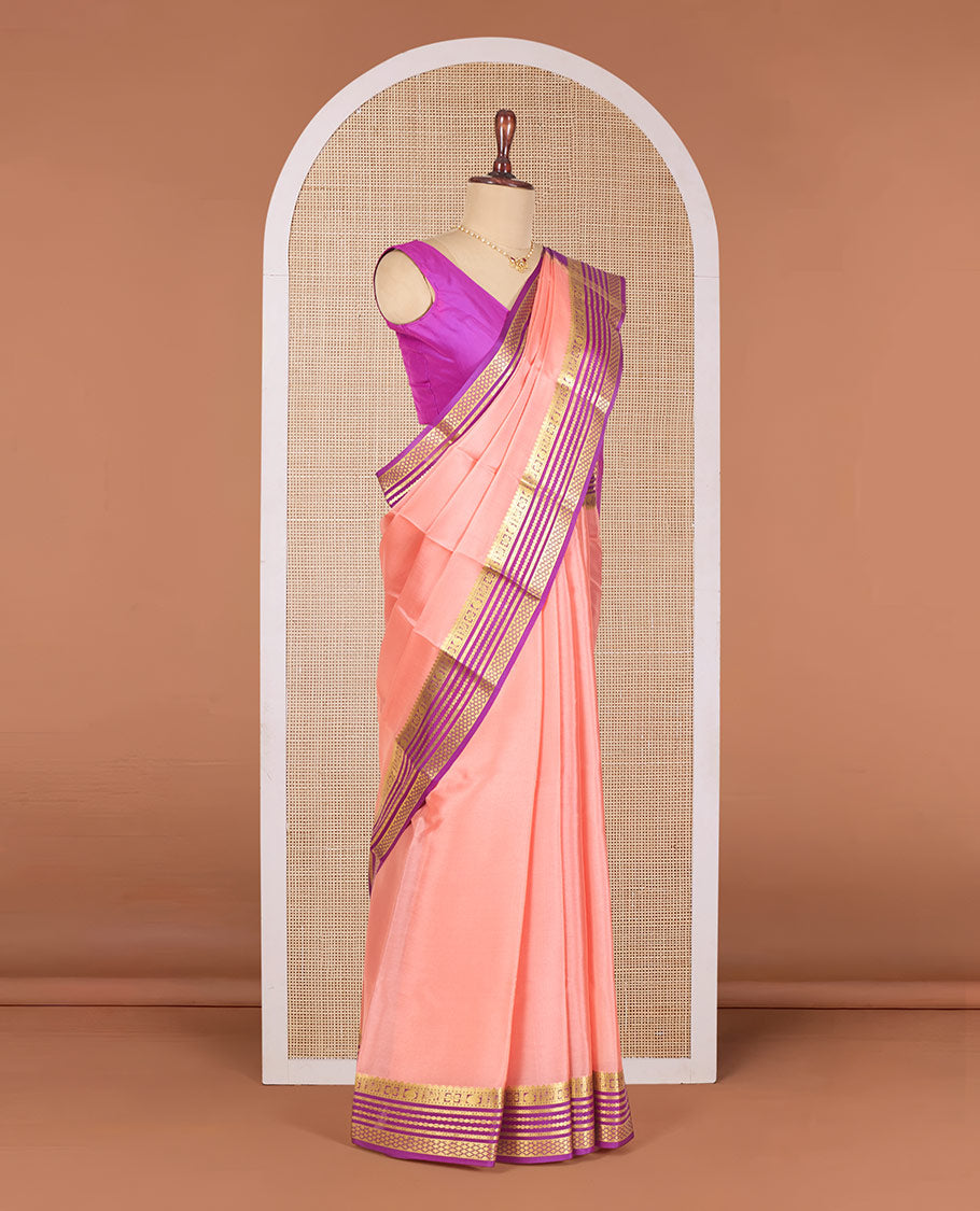 Pink Plain Mysore Silk Saree, Complemented by a Contrast Border Featuring Peacock, Paisley, and Floral Zari Designs, Pallu Steeped with Zari Stripes, and Paired with a Contrast Blouse