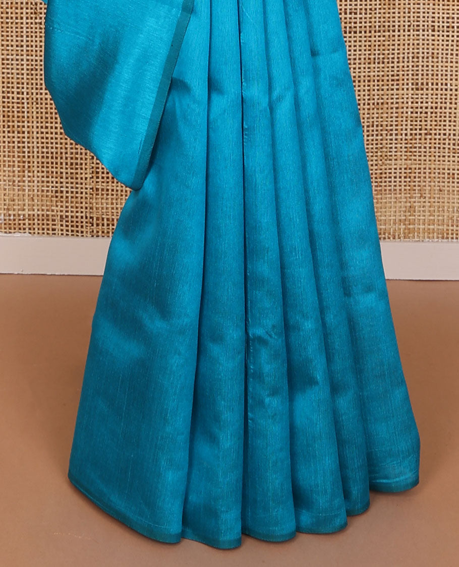 Borderless blue kamala silk saree with contrast floral design blouse