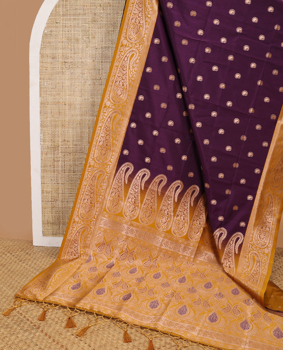 Violet floral motifs butter silk saree with contrast paisley design border & floral, paisley design pallu