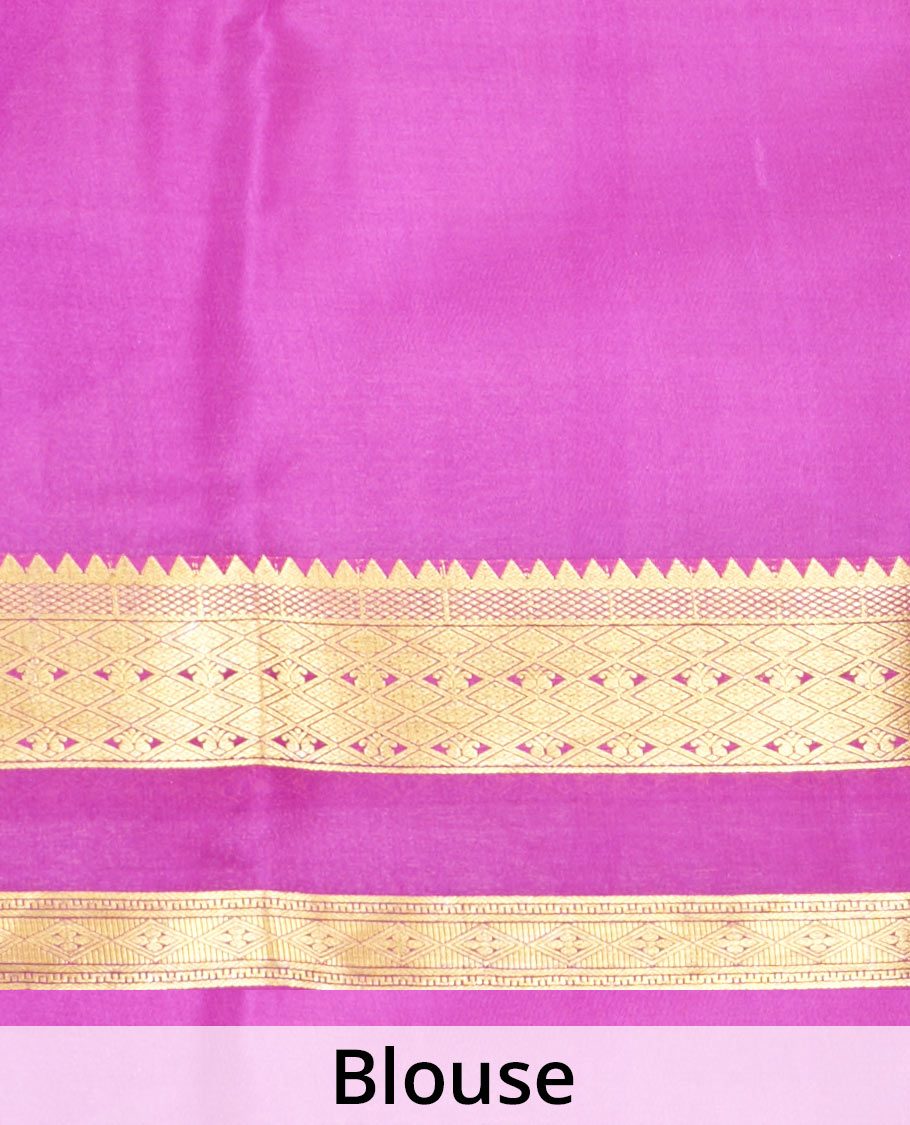 Kesar Yellow Plain Mysore Silk Saree, Complemented by a Contrast Temple Border of Jaal Designs, Pallu Steeped with Zari Stripes, and Paired with a Contrast Blouse