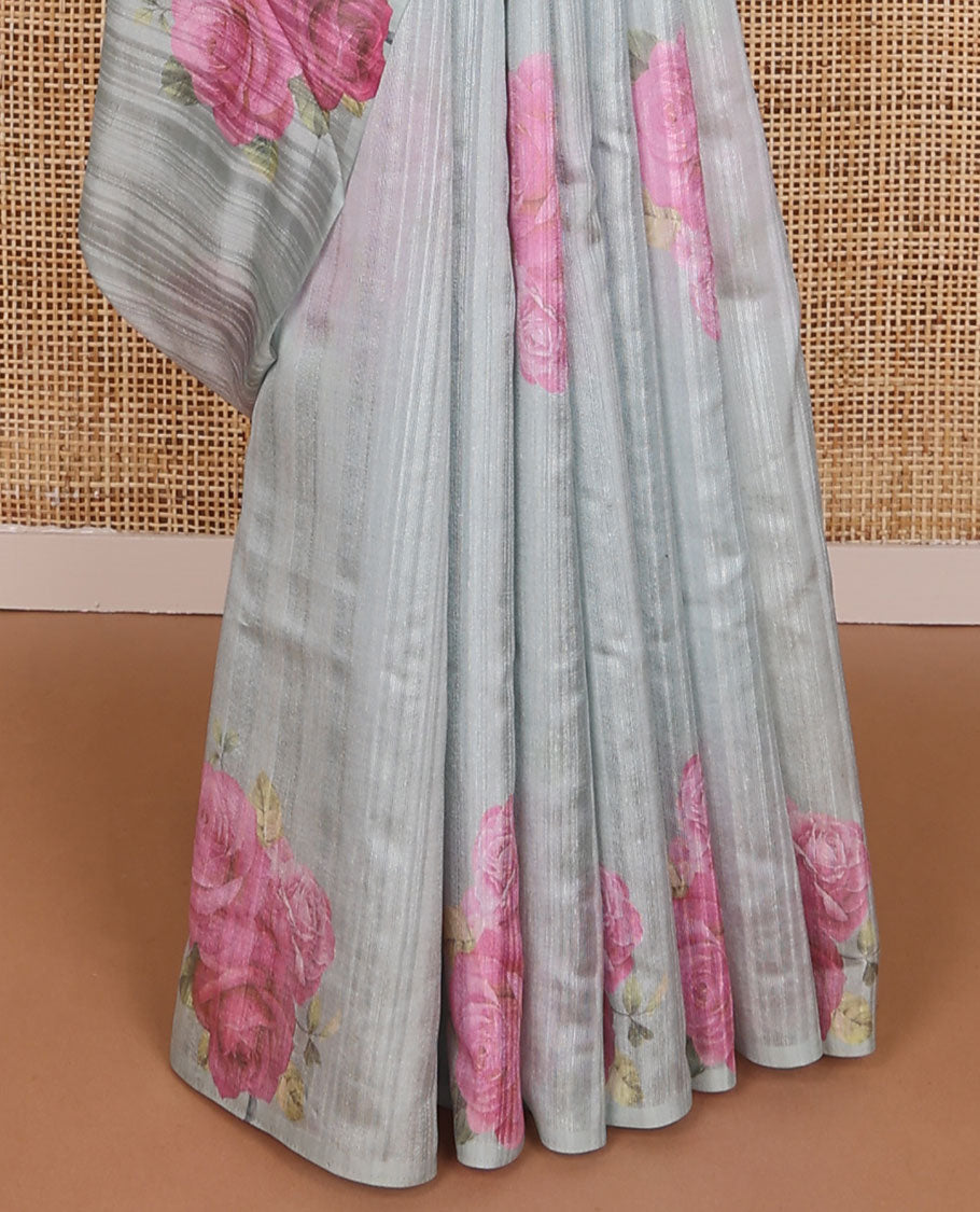 Light grey rose motifs kamala silk saree with contrast plain blouse