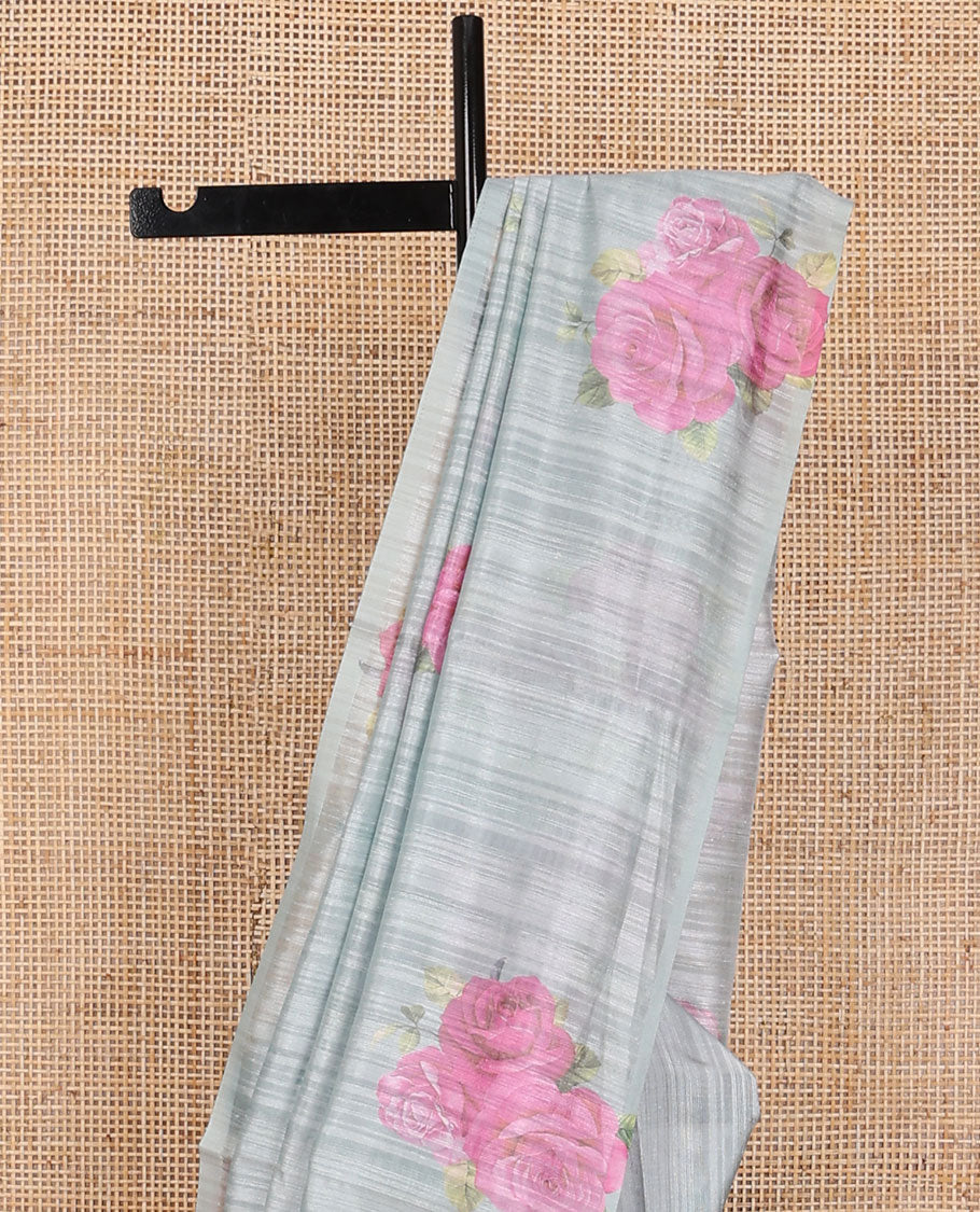 Light grey rose motifs kamala silk saree with contrast plain blouse