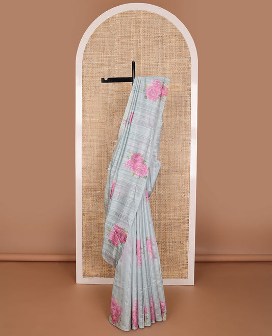 Light grey rose motifs kamala silk saree with contrast plain blouse