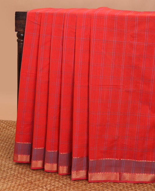 Red checked mangalagiri cotton saree with contrast temple border & checked pallu