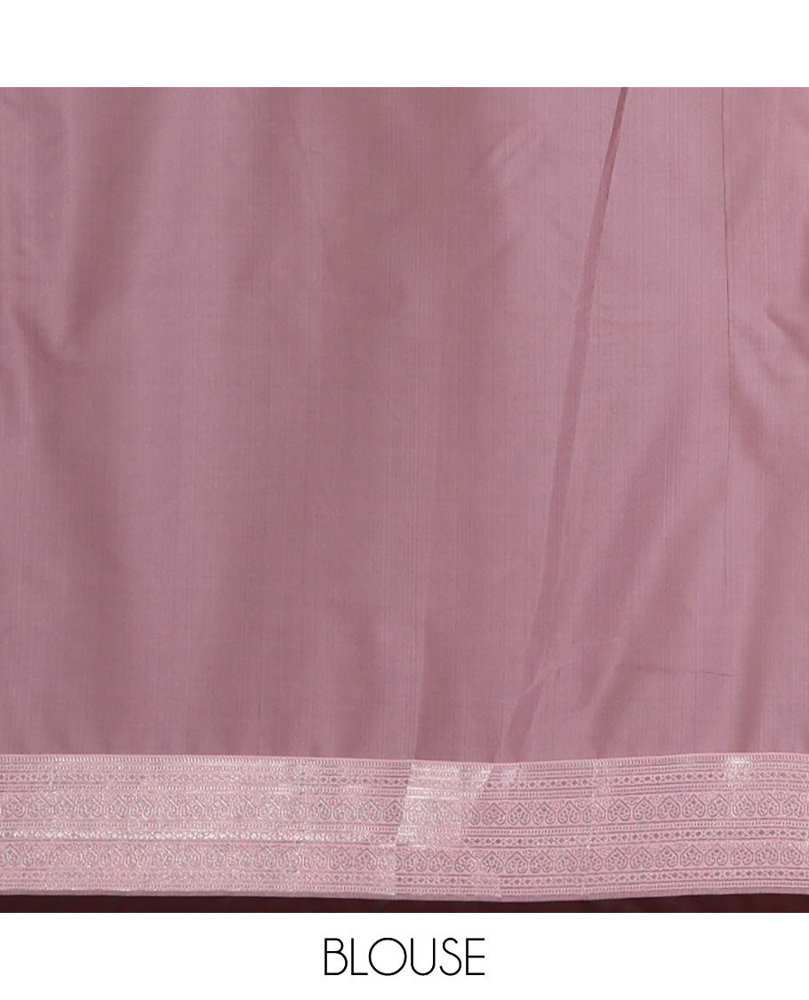 Brown floral zari buttas semi-soft silk saree, contrast traditional motif zari border & pallu of paisleys & checks