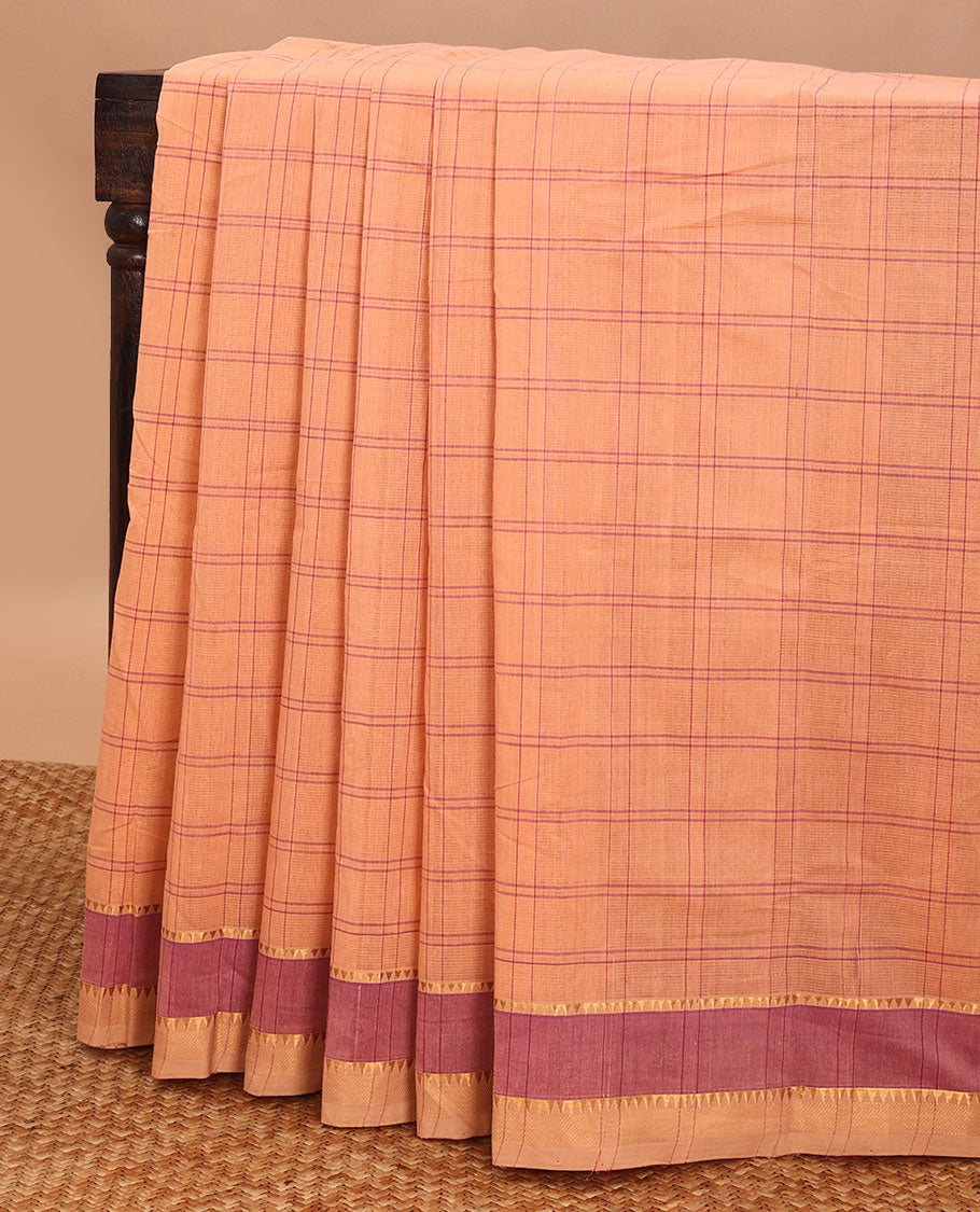 Peach checked mangalagiri cotton saree with contrast temple border & checked pallu