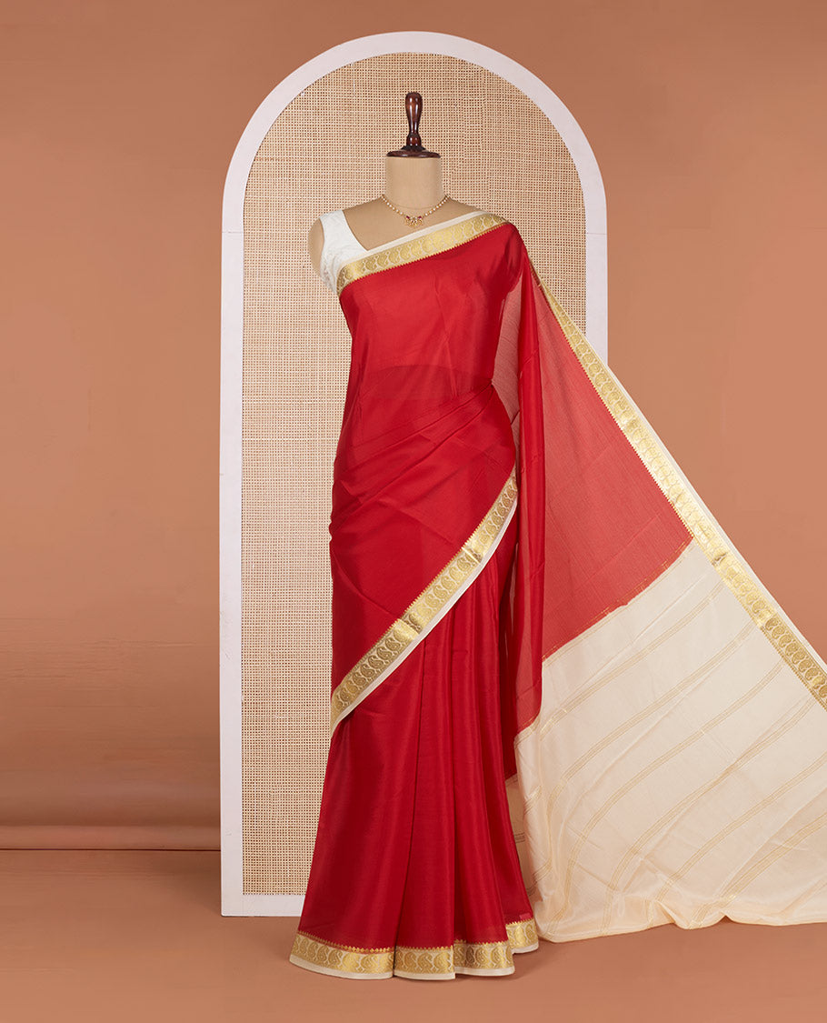 Red Plain Mysore Silk Saree, Complemented by a Contrast Border of Temple and Paisley Designs, Pallu Steeped with Zari Stripes, and Paired with a Contrast Blouse