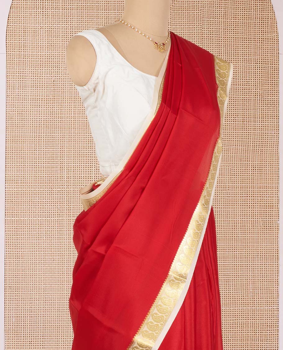 Red Plain Mysore Silk Saree, Complemented by a Contrast Border of Temple and Paisley Designs, Pallu Steeped with Zari Stripes, and Paired with a Contrast Blouse