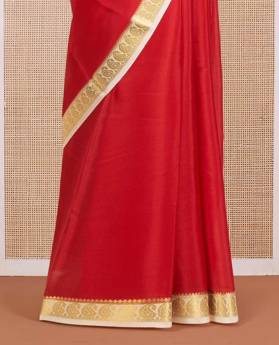 Red Plain Mysore Silk Saree, Complemented by a Contrast Border of Temple and Paisley Designs, Pallu Steeped with Zari Stripes, and Paired with a Contrast Blouse