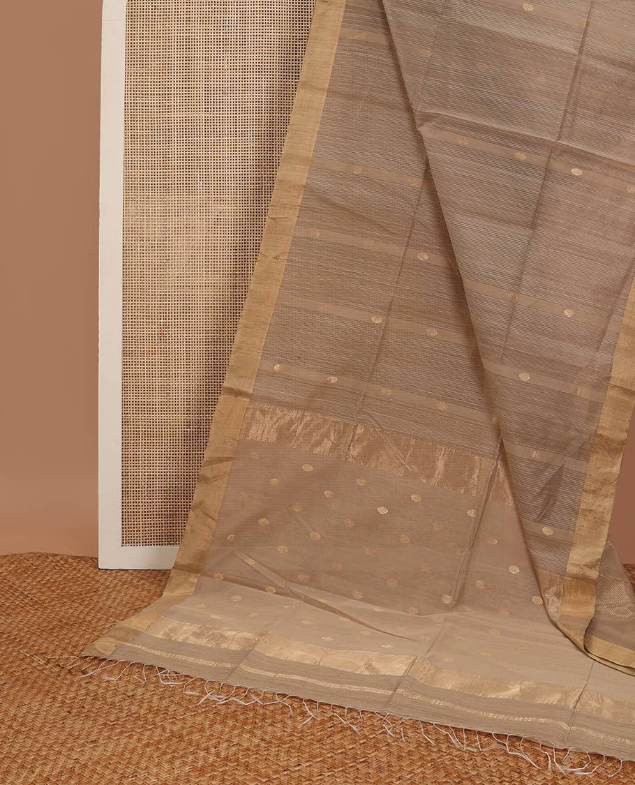 Brown striped, round motifs maheshwari cotton saree with self zari border & round motifs, striped pallu