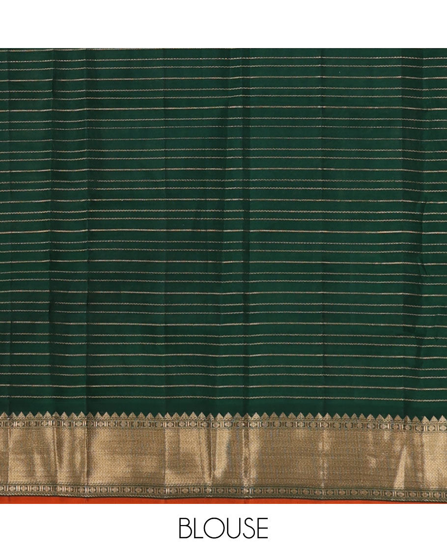 Rose milk pink zari striped Kanchipuram silk saree, contrast jaal pallu, and border of thazampoo rekku,rettai neli, rudraksham, and chakram motifs