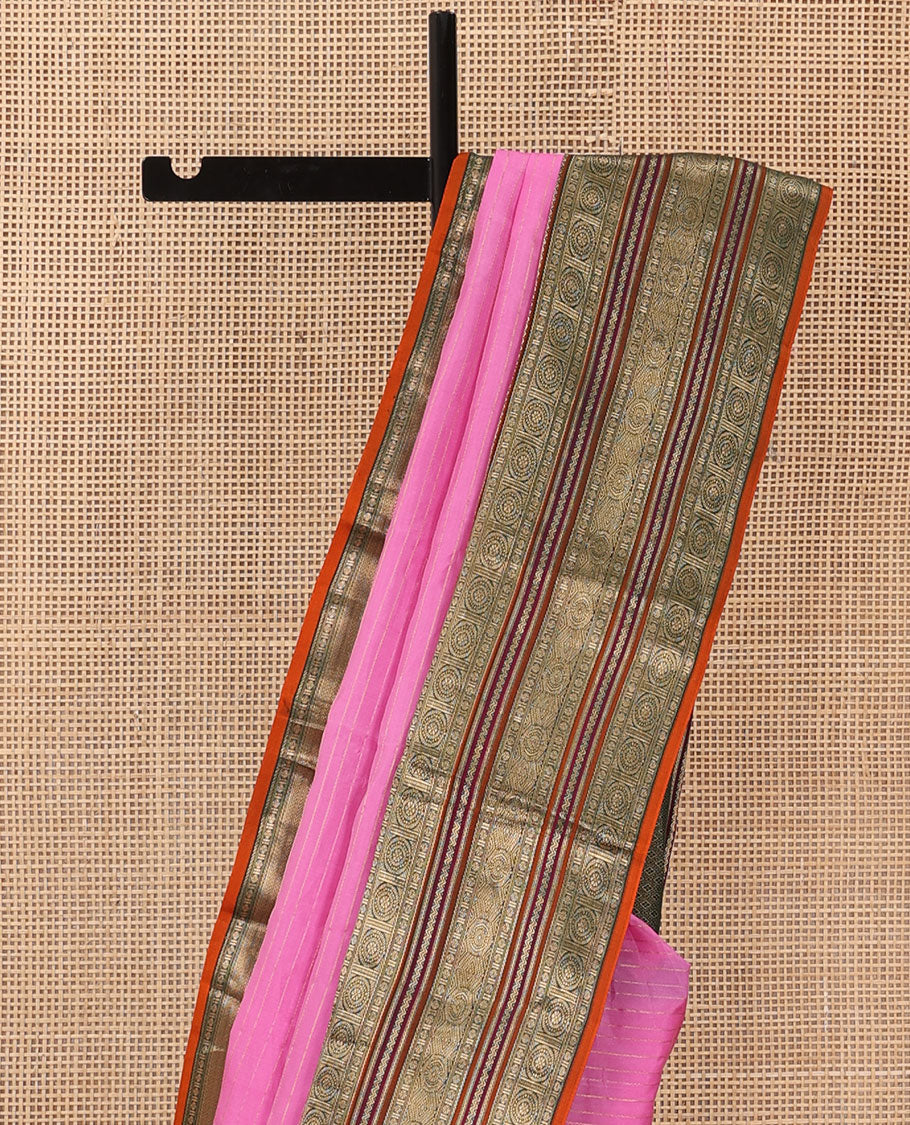 Rose milk pink zari striped Kanchipuram silk saree, contrast jaal pallu, and border of thazampoo rekku,rettai neli, rudraksham, and chakram motifs