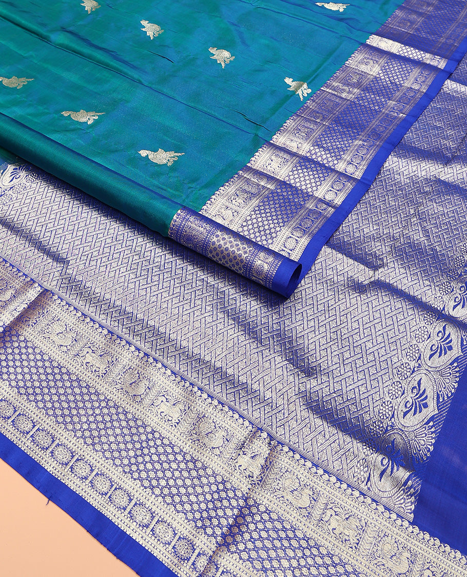 Blue peacock buttas Venkatagiri silk saree, contrast traditional zari design border, and zari-rich jaal pallu