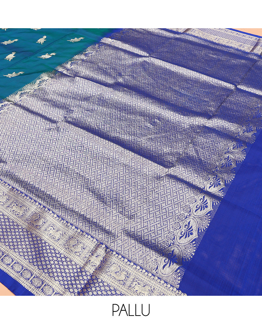 Blue peacock buttas Venkatagiri silk saree, contrast traditional zari design border, and zari-rich jaal pallu