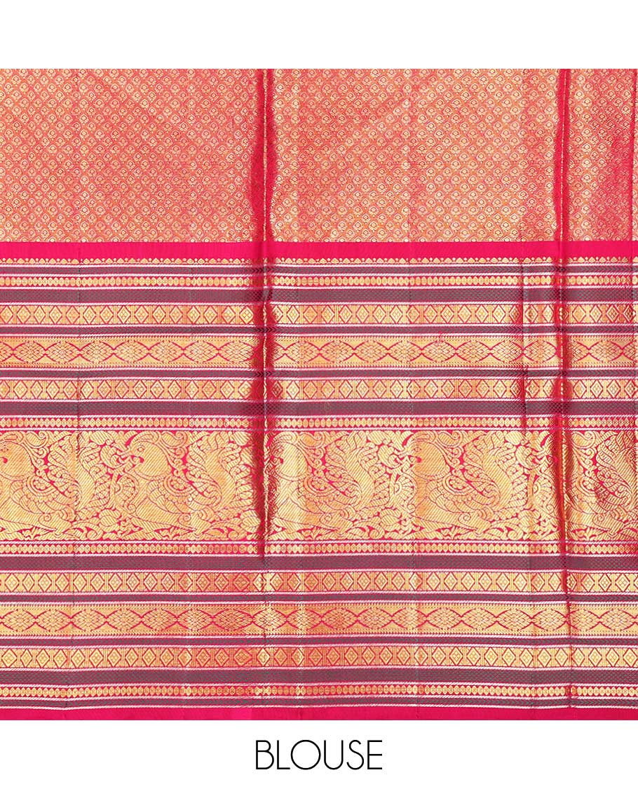 Gold striped silk half saree with contrast intricate zari design, floral embroidery blouse & floral zari design dhavani