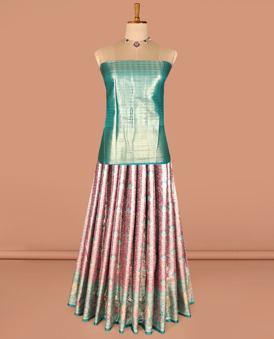 Red Art Silk Half-Saree, Elevated with Jacquard Design, Contrast Intricate Zari Border, Paired with a Contrast Jacquard Blouse, and an Intricate Dhavani