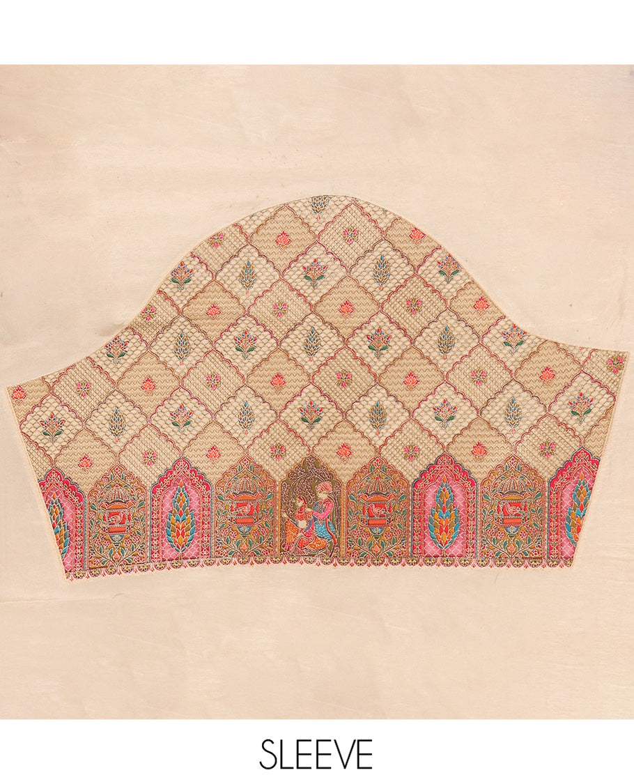 Cream Plain Dola Silk Saree, Complemented by Captivating Contrast Border of Meenakari-style Mughal Human Figurines, Pallu Artfully Pictures Mughal Human Figurines, and Paired with a Matching Blouse