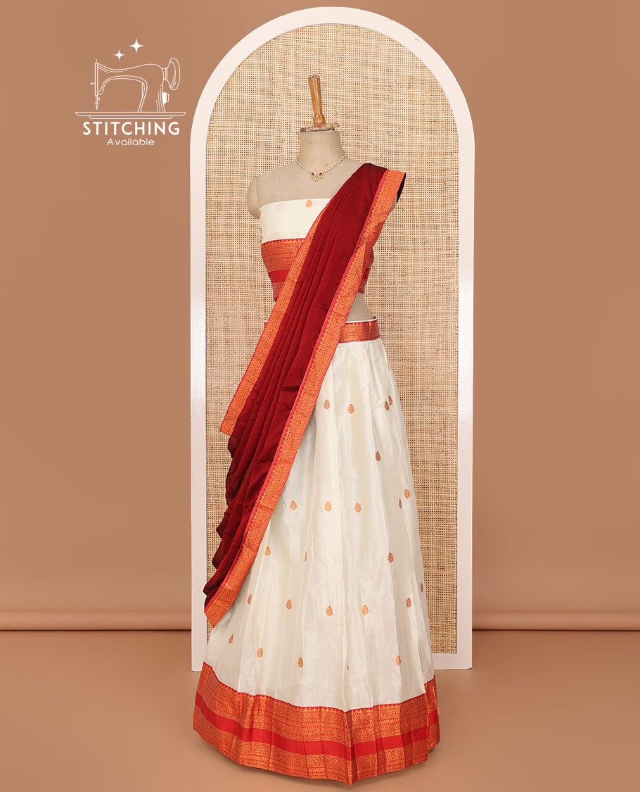 White lehenga set, buttas with contrast traditional zari border skirt, matching blouse and contrast zari border plain dhavani
