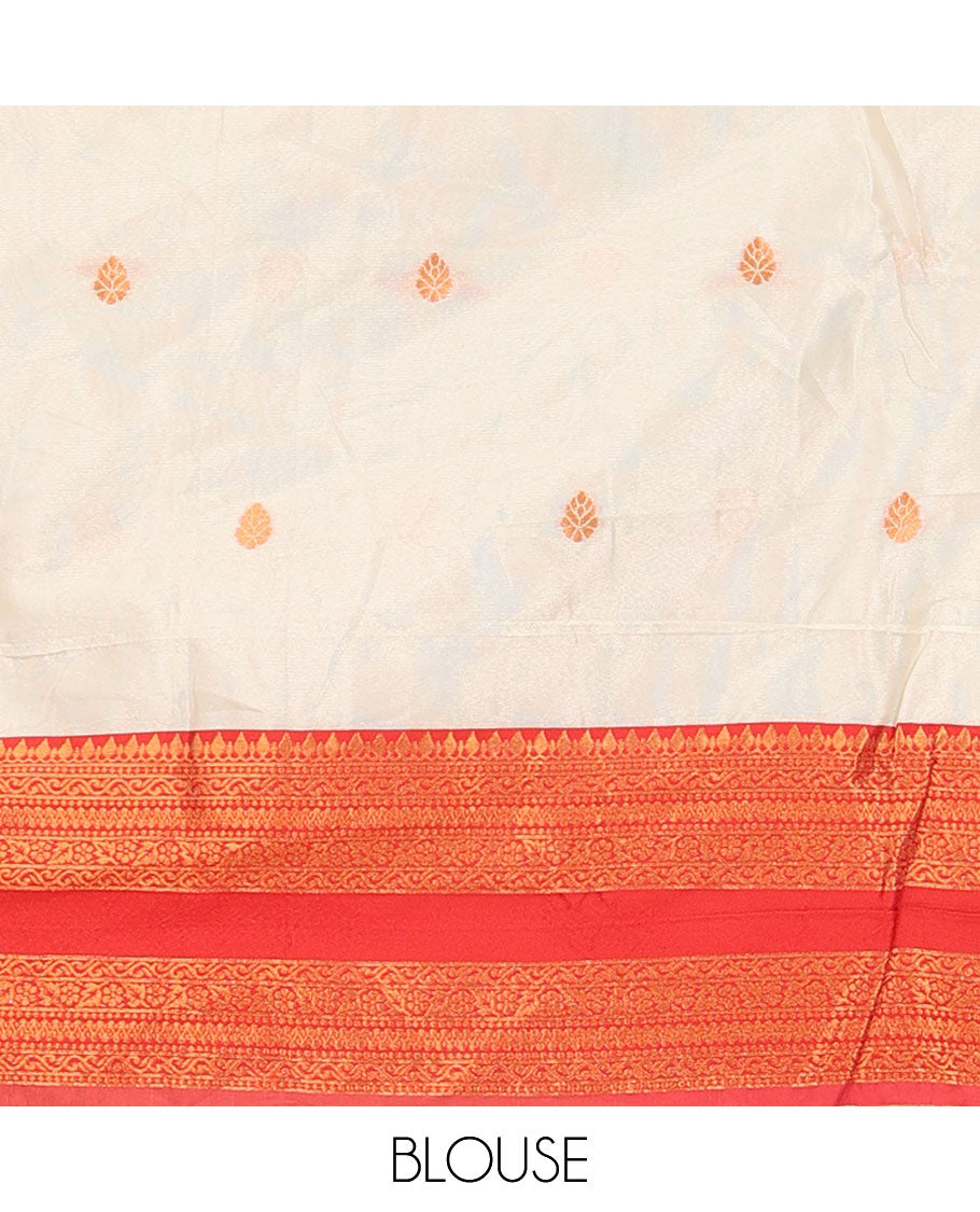 White lehenga set, buttas with contrast traditional zari border skirt, matching blouse and contrast zari border plain dhavani