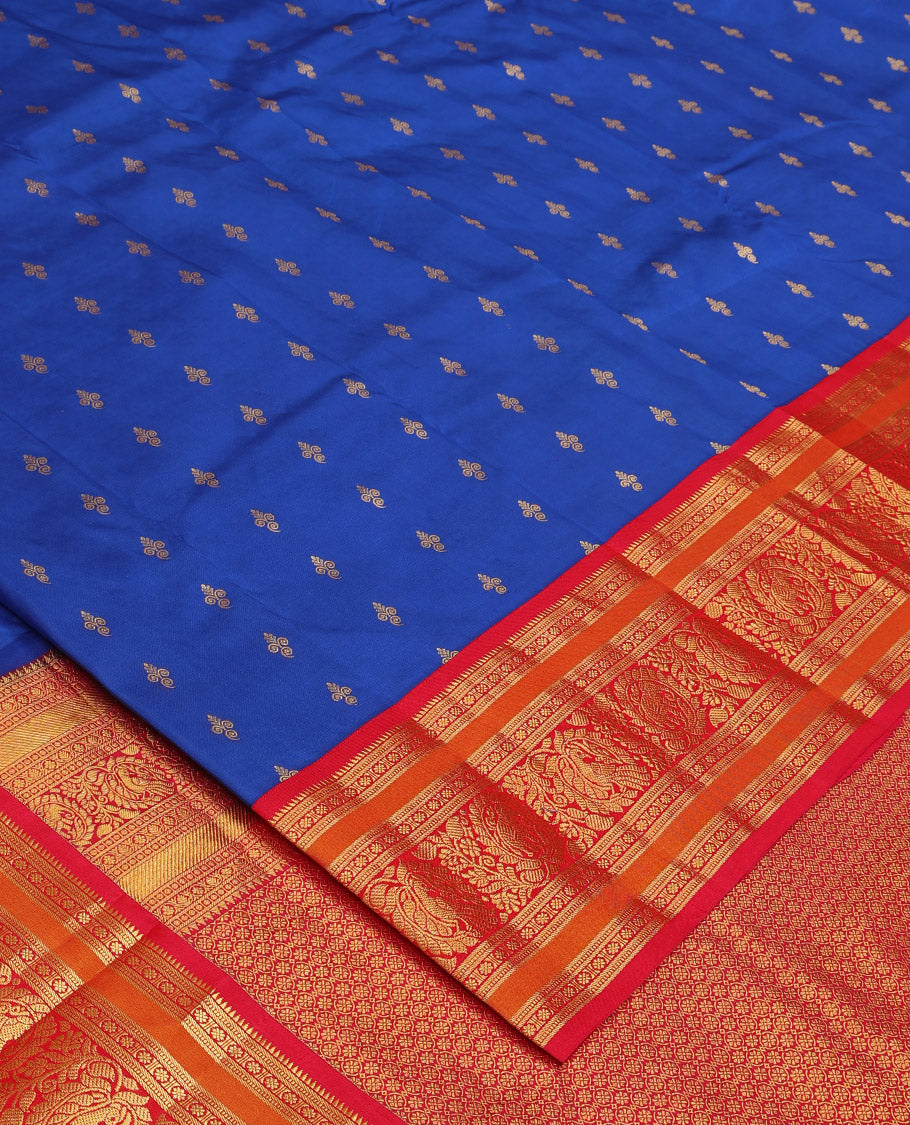 Blue zari buttas Bangalore silk saree, contrast zari border of traditional designs, and circle patterned pallu
