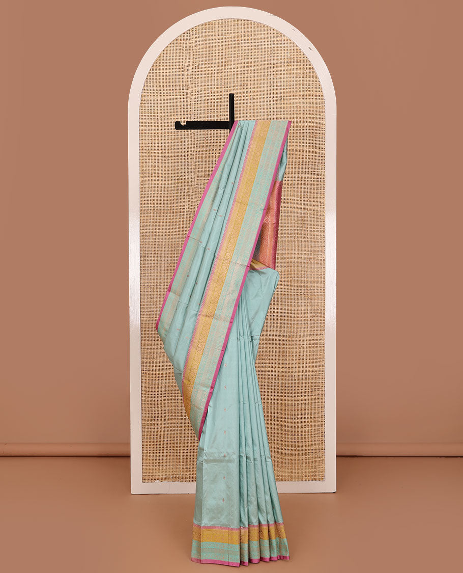 Blue zari buttas Katan silk saree, contrast traditional border of floral creeper design, and intricate pallu