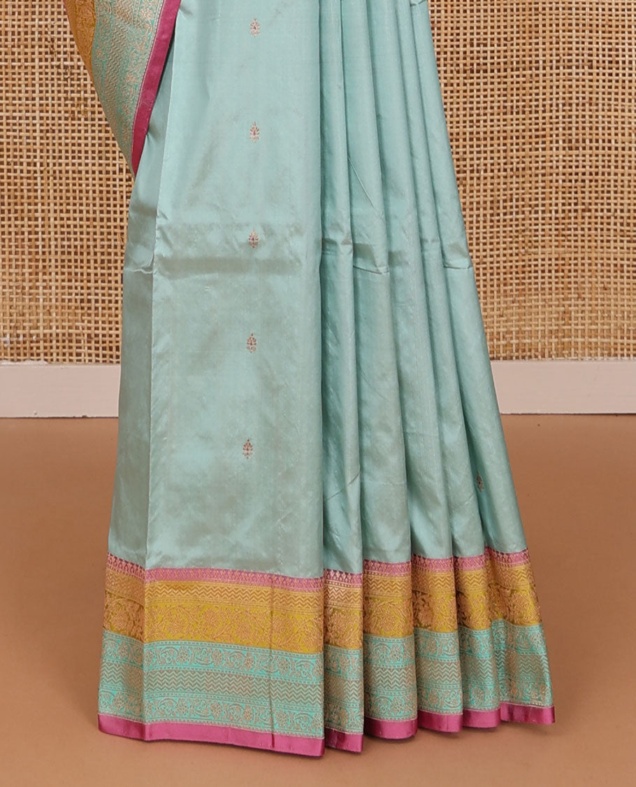 Blue zari buttas Katan silk saree, contrast traditional border of floral creeper design, and intricate pallu
