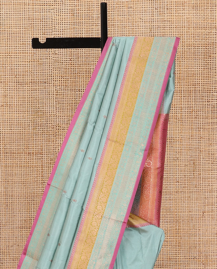 Blue zari buttas Katan silk saree, contrast traditional border of floral creeper design, and intricate pallu