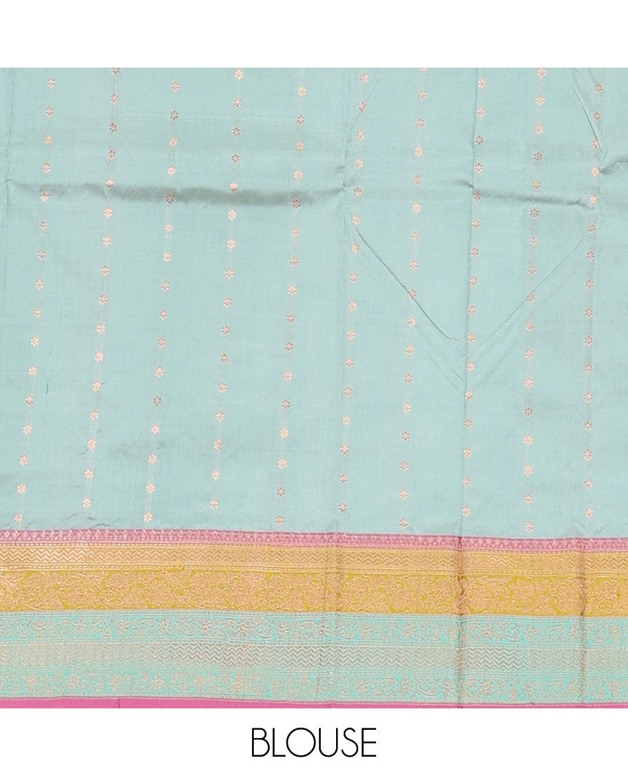 Blue zari buttas Katan silk saree, contrast traditional border of floral creeper design, and intricate pallu