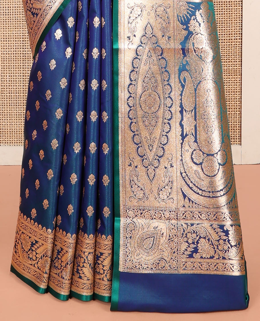 Blue Banarasi Nylon Saree, Majestically Detailed with Zari Buttas, Highlighted by a Floral Creeper Zari Border, Intricate Pallu, and a Matching Blouse