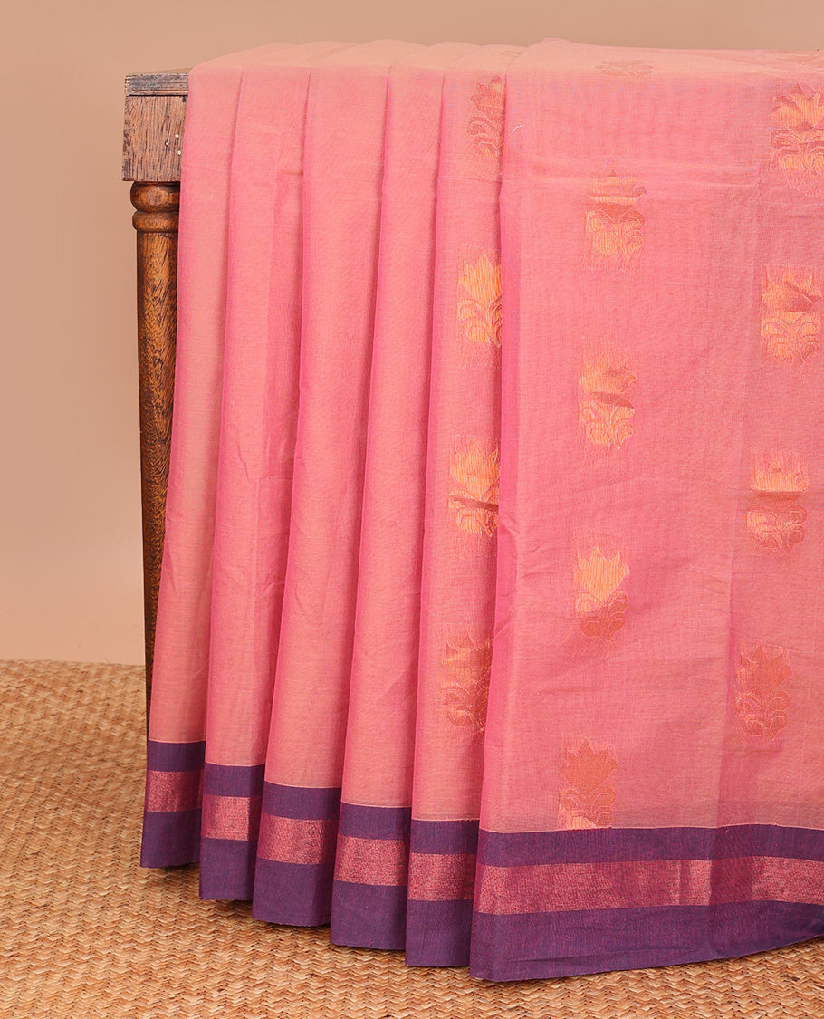 Pink floral zari buttas kanchi cotton saree, contrast border, and floral-paisley woven pallu