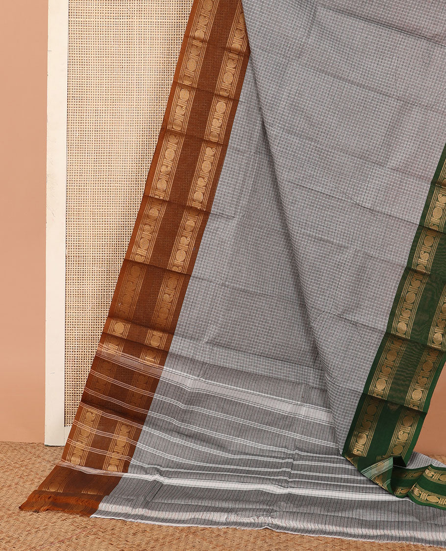 Grey micro-checked Chettinad cotton saree, contrast ganga jamuna traditional zari rettai pettu border, and striped pallu