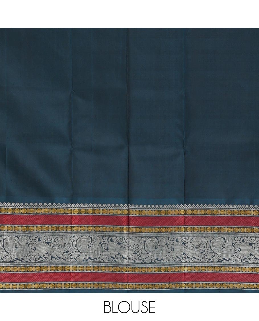 Brown mayil chakram thread buttas Kanchipuram silk saree, contrast border of thilakam mokku, mayil, yaali, and rudraksham, and pallu of big Nava Nari Kunjara motif