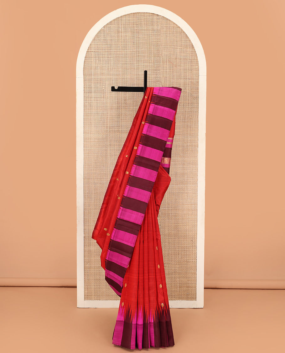Red zari buttas Kanchipuram silk saree, contrast thazampoo rekku dual colored border of floral buttas, and zari woven pallu
