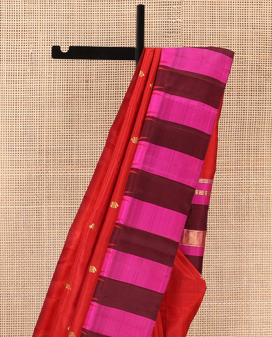 Red zari buttas Kanchipuram silk saree, contrast thazampoo rekku dual colored border of floral buttas, and zari woven pallu
