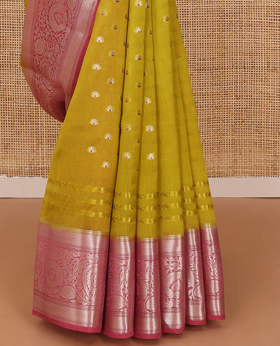 Green meena buttas raw mango silk saree, contrast traditional zari border of floral creeper, and jaal pallu