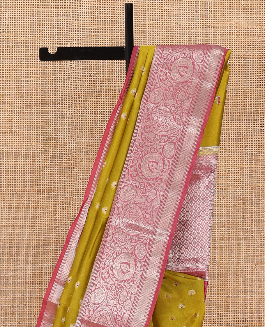 Green meena buttas raw mango silk saree, contrast traditional zari border of floral creeper, and jaal pallu