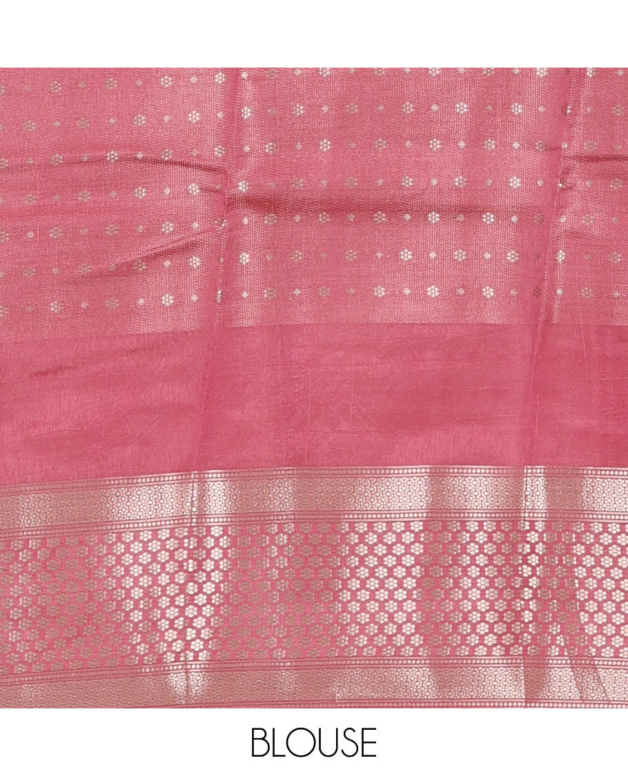 Green meena buttas raw mango silk saree, contrast traditional zari border of floral creeper, and jaal pallu