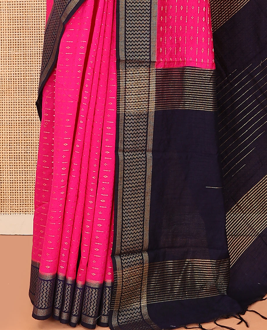 Pink zari buttas art dupion saree, contrast chevron design border, and pallu of diamond pattern in sequins stripes