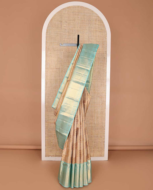 Brown floral design kancheepuram silk saree with contrast border of thilakam mokku, muthu, banaras, mayil, yanaai design & zari design pallu