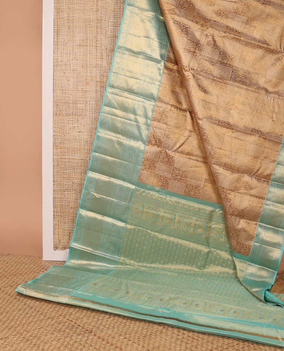 Brown floral design kancheepuram silk saree with contrast border of thilakam mokku, muthu, banaras, mayil, yanaai design & zari design pallu