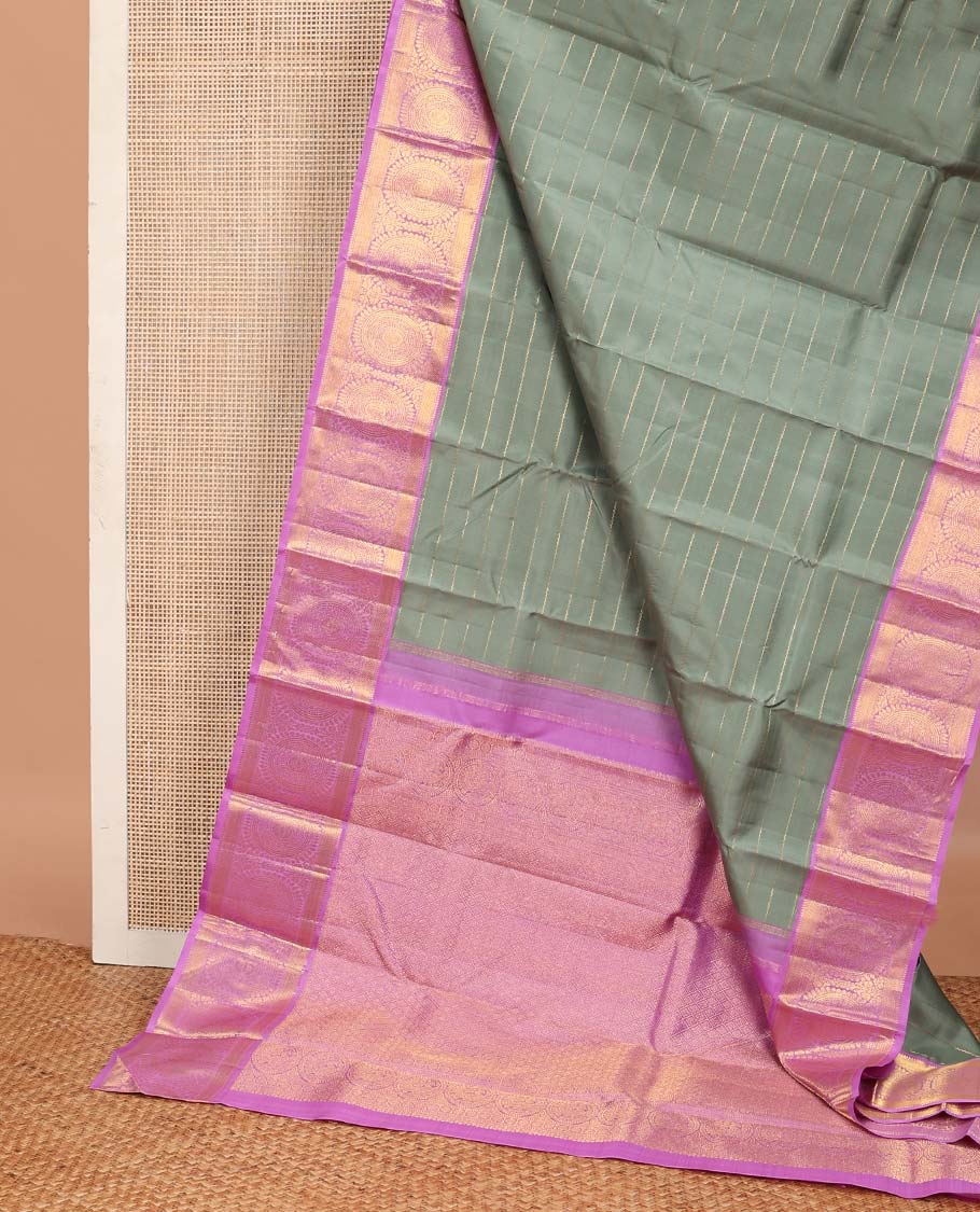 Grey veldhari zari stripes Kanchipuram korvai silk saree, contrast neer korvai border of rekku, muthu, mayil kann, and round chakram designs, and jaal pallu