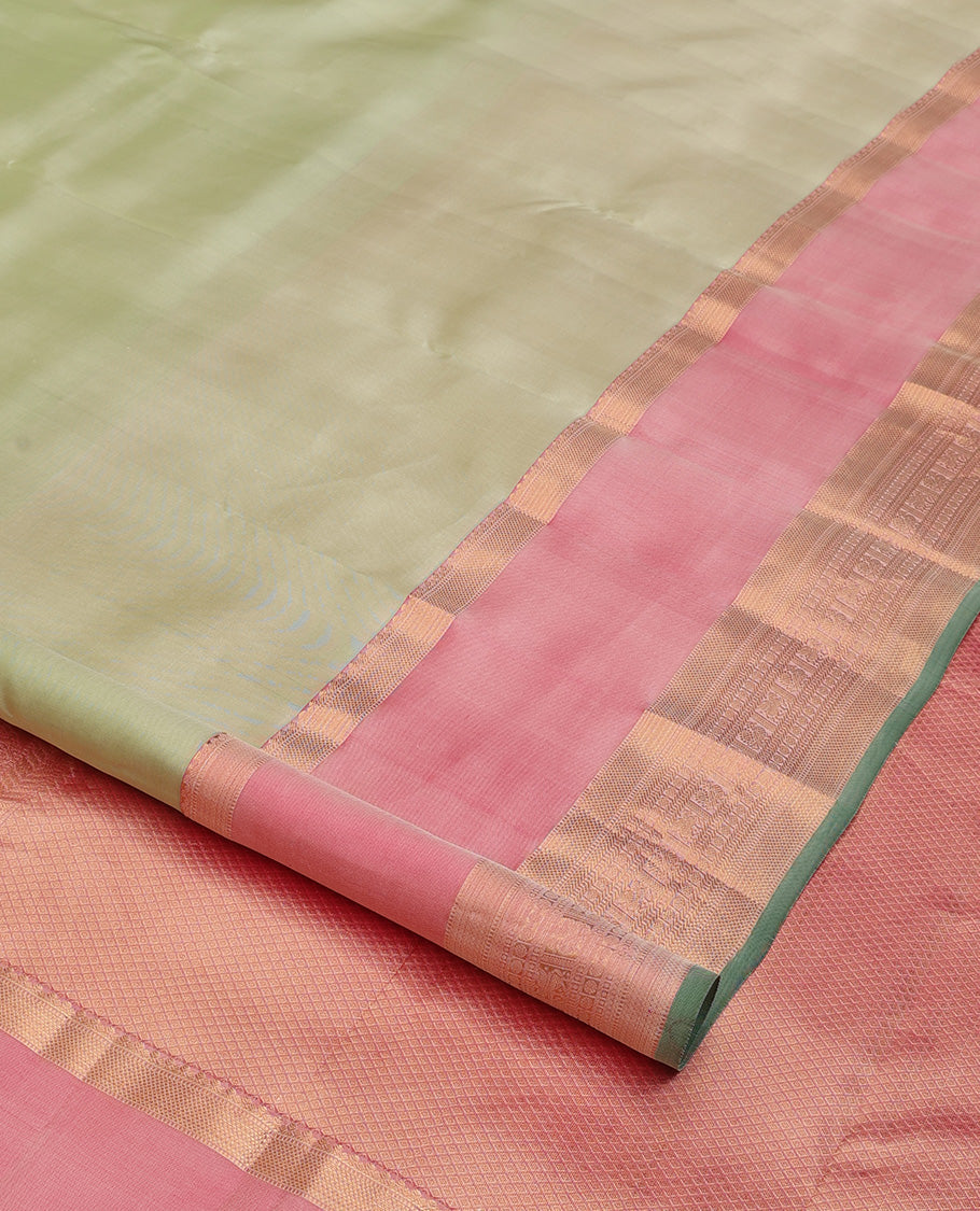 Tea green plain Kanchipuram silk saree, contrast rettai pettu border of muthu, kathir, kuyil kann,rudraksham, mayil, and kuthirai designs, and mayil kann pallu