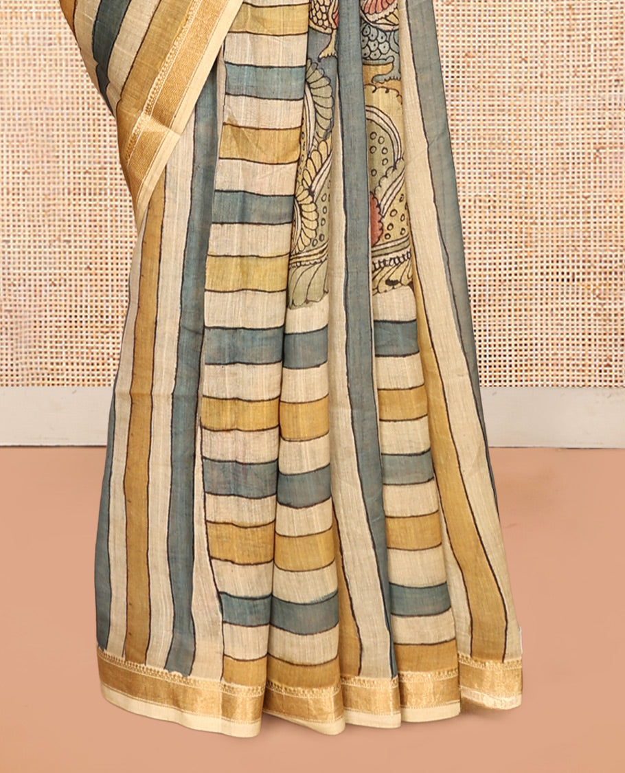 Blue-Sandal Peacock Pen Kalamkari Silk Saree, a Zari Border, Peacock Pallu, a Matching Blouse
