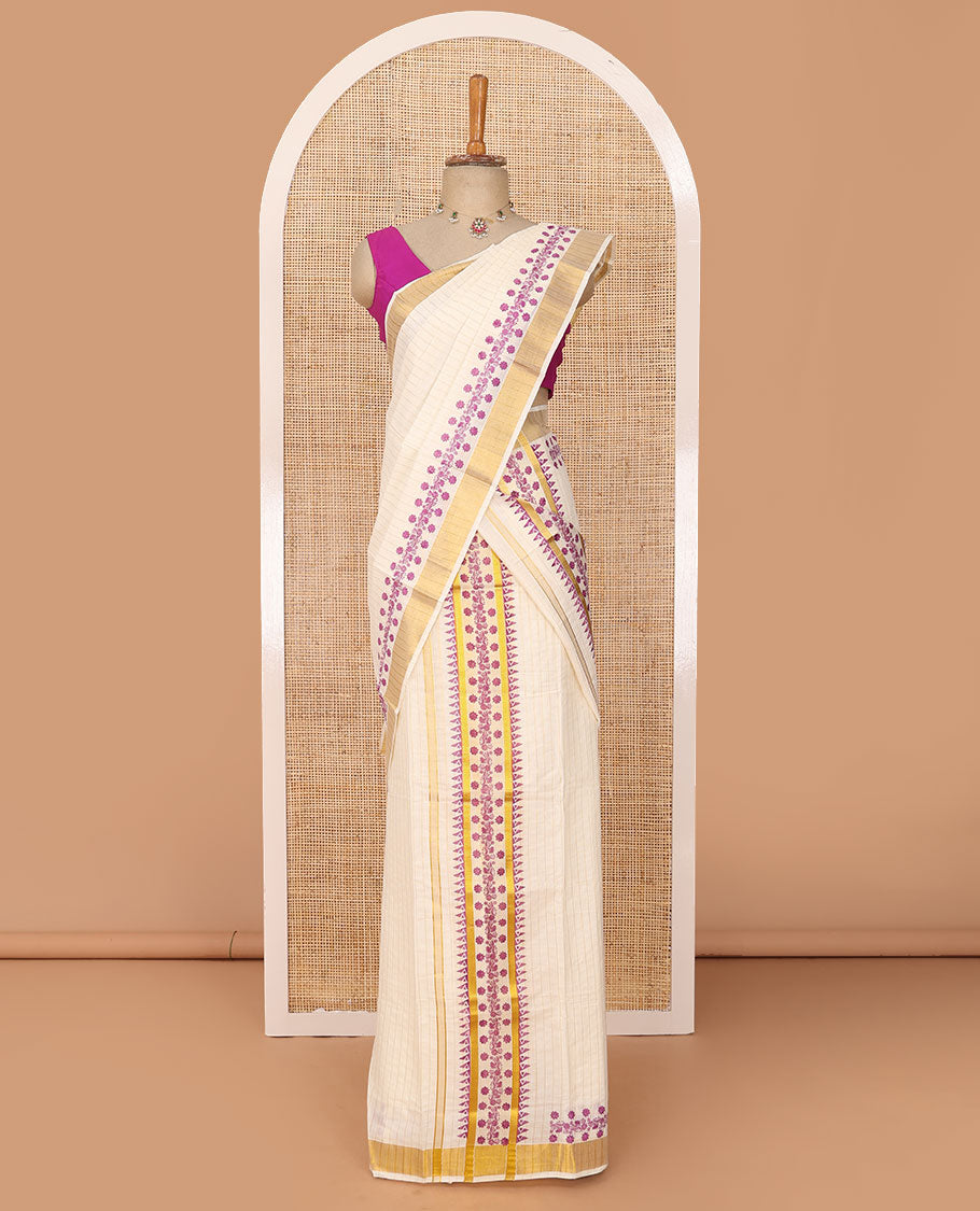 Cream checked & floral printed Kerala mundu set with golden zari border