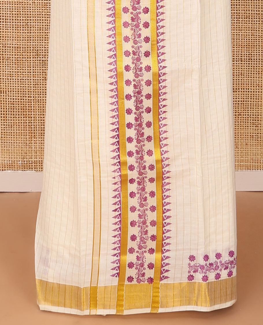 Cream checked & floral printed Kerala mundu set with golden zari border