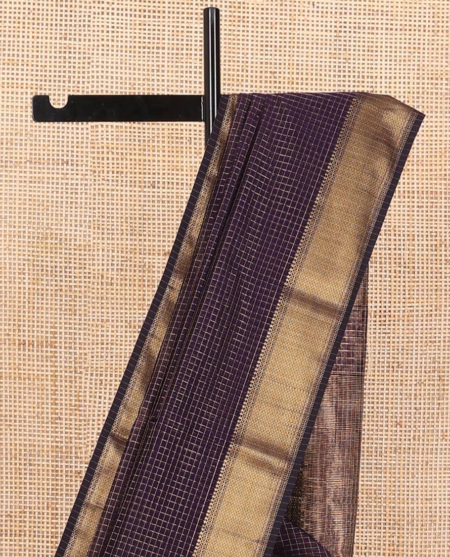 Violet checked maheshwari cotton saree with self zari design border & striped pallu