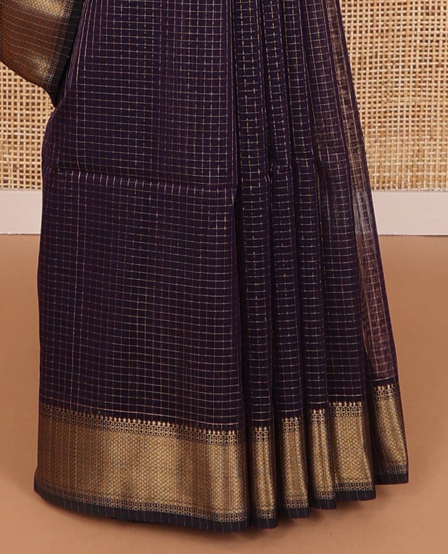 Violet checked maheshwari cotton saree with self zari design border & striped pallu