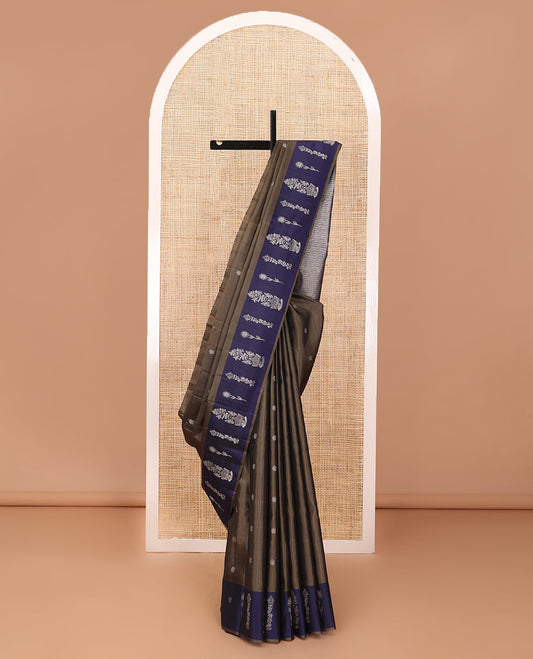 Brown zari buttas soft silk saree , contrast Mughal-style motifs woven zari border & geometric patterned pallu